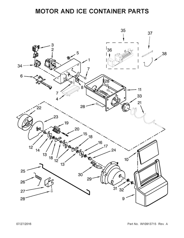 Motor And Ice Container Parts Diagram and Parts List for WRS322FDAD04  Whirlpool Refrigerator