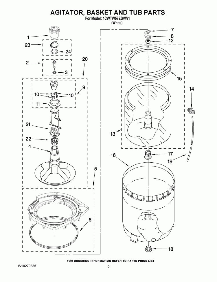 AGITATOR, BASKET AND TUB PARTS Diagram and Parts List for 1CWTW57ESVW1  Whirlpool Washer