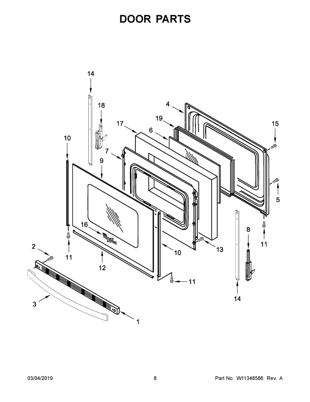 Door Parts Diagram and Parts List for YWFE510S0HB1  Whirlpool Range