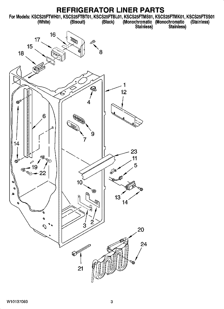 REFRIGERATOR LINER PARTS Diagram and Parts List for KSCS25FTMK01  KitchenAid Refrigerator