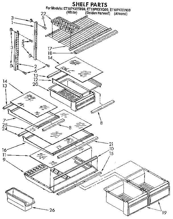 Shelf Diagram and Parts List for E18PKXYN00  Whirlpool Refrigerator