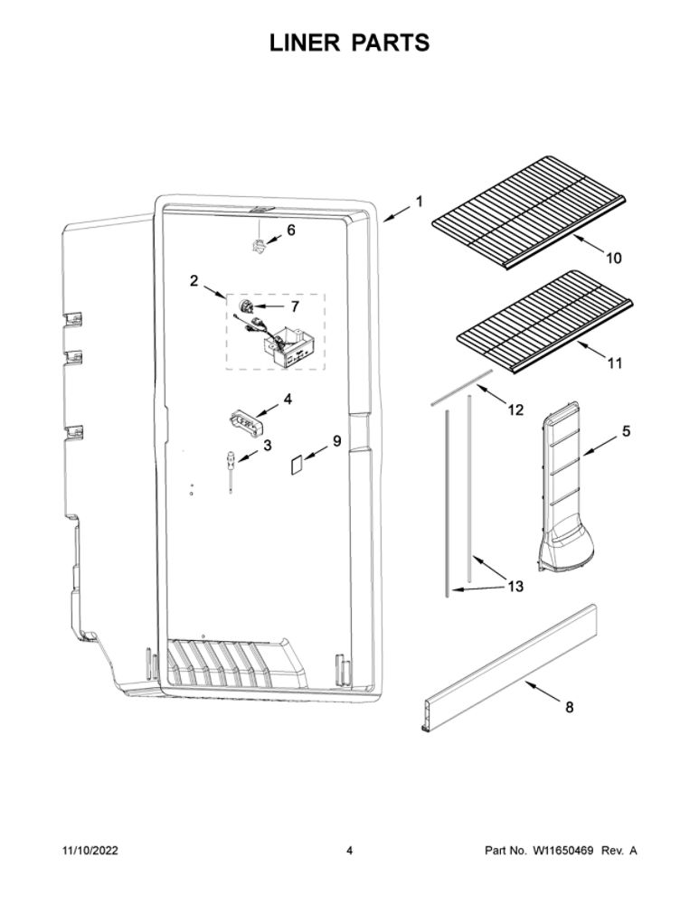 Liner Parts Diagram and Parts List for WZF56R16DW09  Whirlpool Freezer
