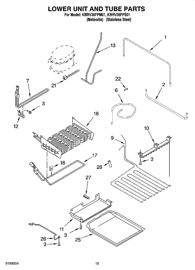 LOWER UNIT AND TUBE PARTS Diagram and Parts List for KBRV36FPM01  KitchenAid Refrigerator