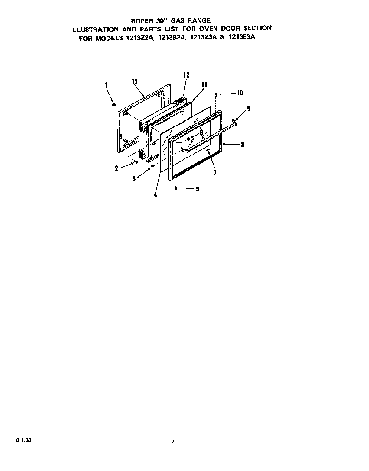 Oven Door Diagram and Parts List for 1213*3A  Roper Range