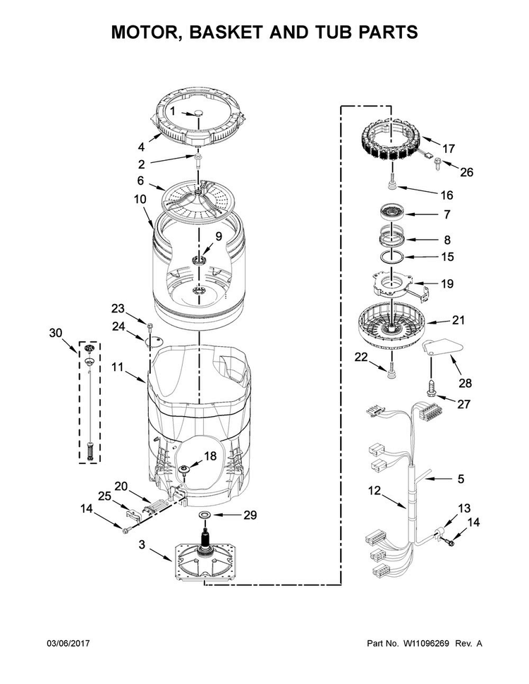 Motor, Basket And Tub Parts Diagram and Parts List for 7MWTW8500EC1  Whirlpool Washer