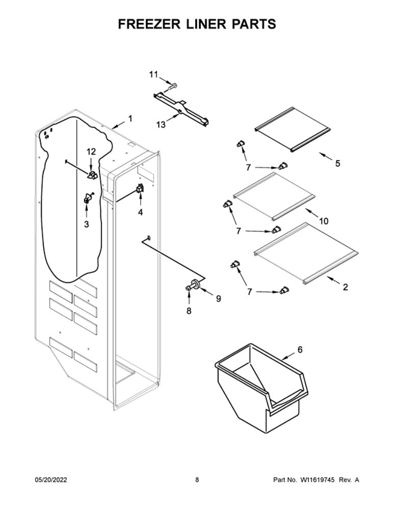 Freezer Liner Parts Diagram and Parts List for 10651759718  Kenmore Refrigerator