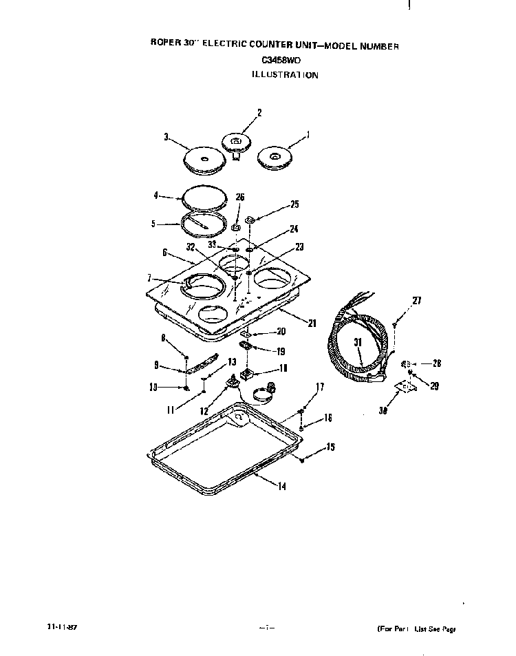 Cooktop Diagram and Parts List for C3458*0  Roper Range