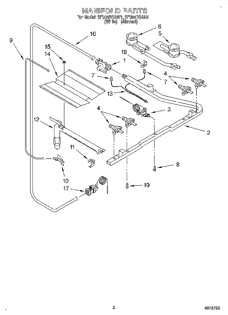 MANIFOLD Diagram and Parts List for SF304BSAW1  Whirlpool Range