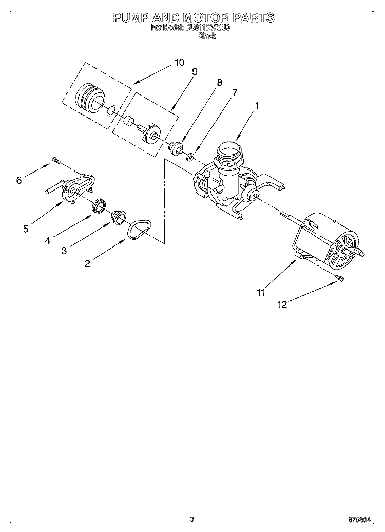PUMP AND MOTOR Diagram and Parts List for DU811DWGU0  Whirlpool Dishwasher