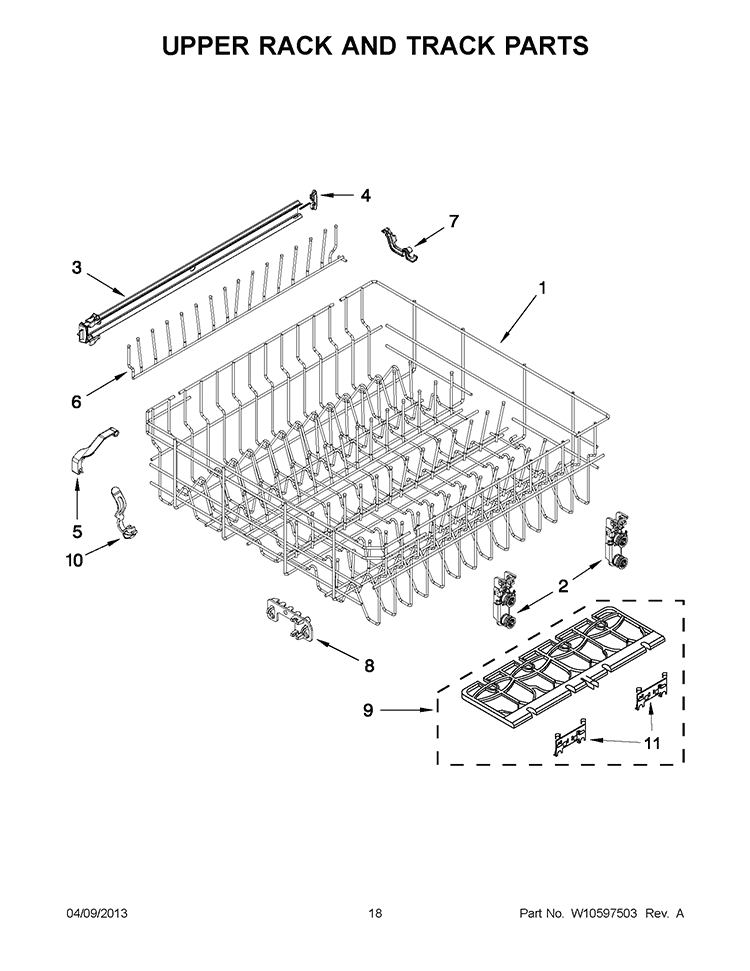 UPPER RACK AND TRACK PARTS Diagram and Parts List for 7WDT770PAYM4  Whirlpool Dishwasher