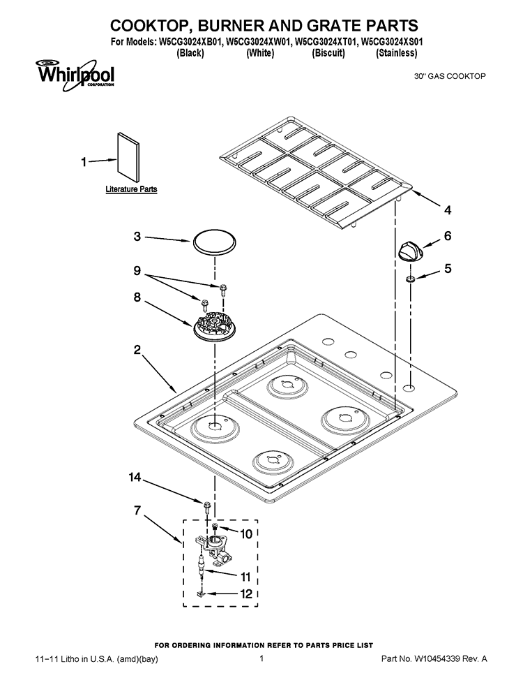 COOKTOP, BURNER AND GRATE PARTS Diagram and Parts List for W5CG3024XT01  Whirlpool Cooktop