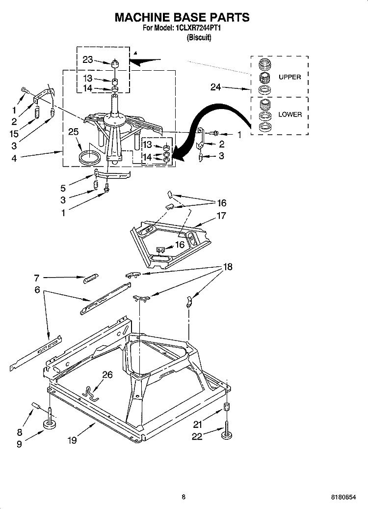 MACHINE BASE PARTS Diagram and Parts List for 1CLXR7244PT1  Whirlpool Washer