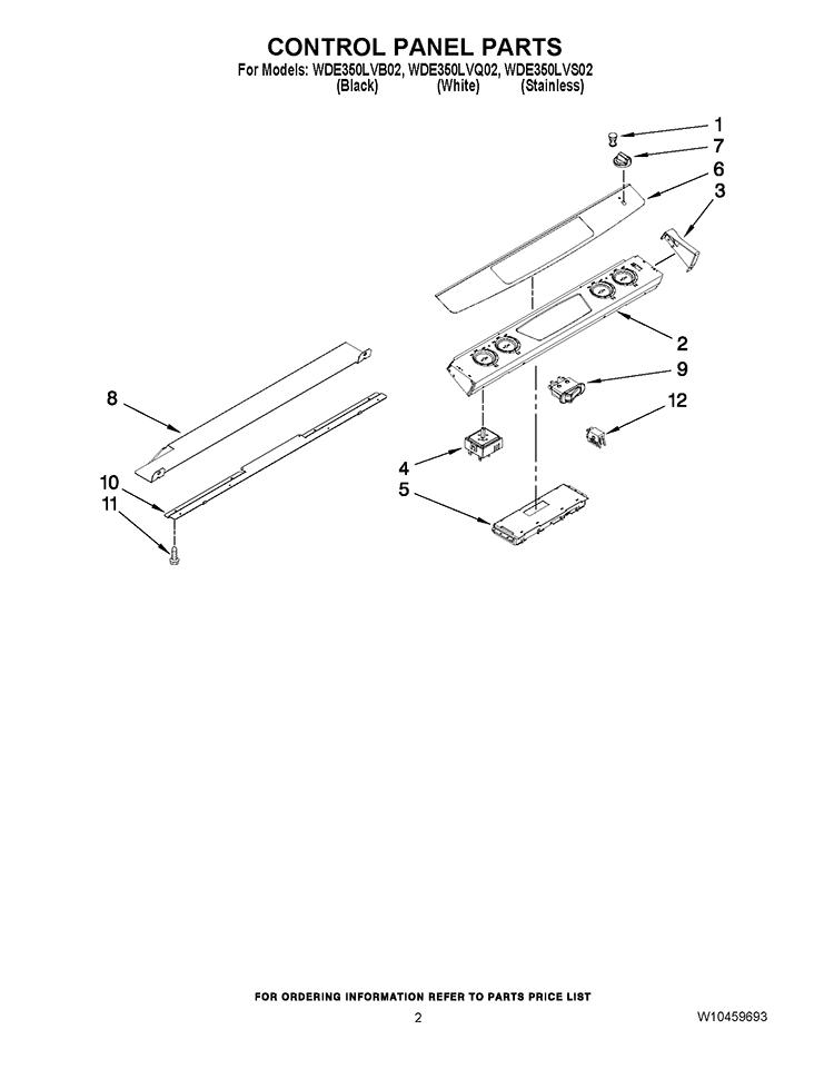 CONTROL PANEL PARTS Diagram and Parts List for WDE350LVQ02  Whirlpool Range
