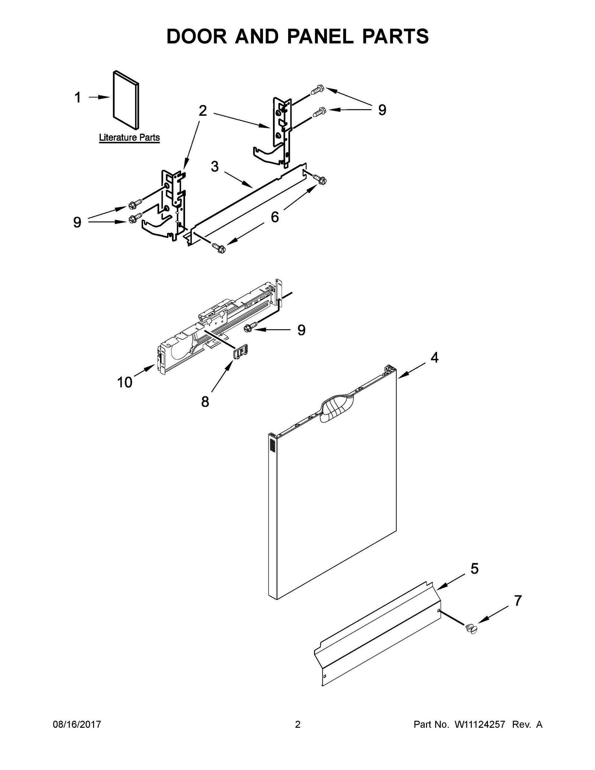 02 - DOOR AND PANEL PARTS Diagram and Parts List for ADB1700ADB4  Whirlpool Dishwasher