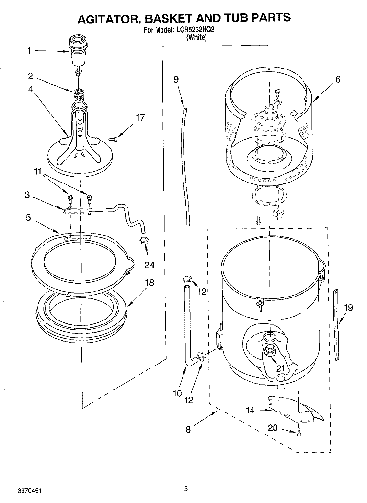 AGITATOR, BASKET AND TUB PARTS Diagram and Parts List for LCR5232HQ2  Whirlpool Washer