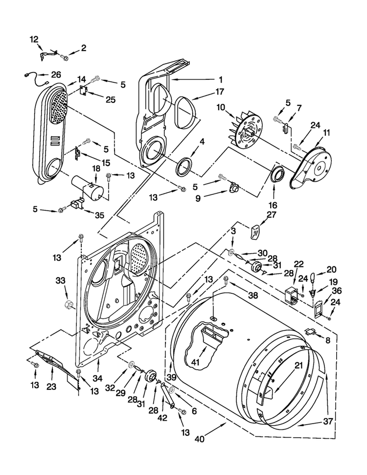 Bulkhead Parts Diagram and Parts List for 7MWGD1730YW1  Whirlpool Dryer