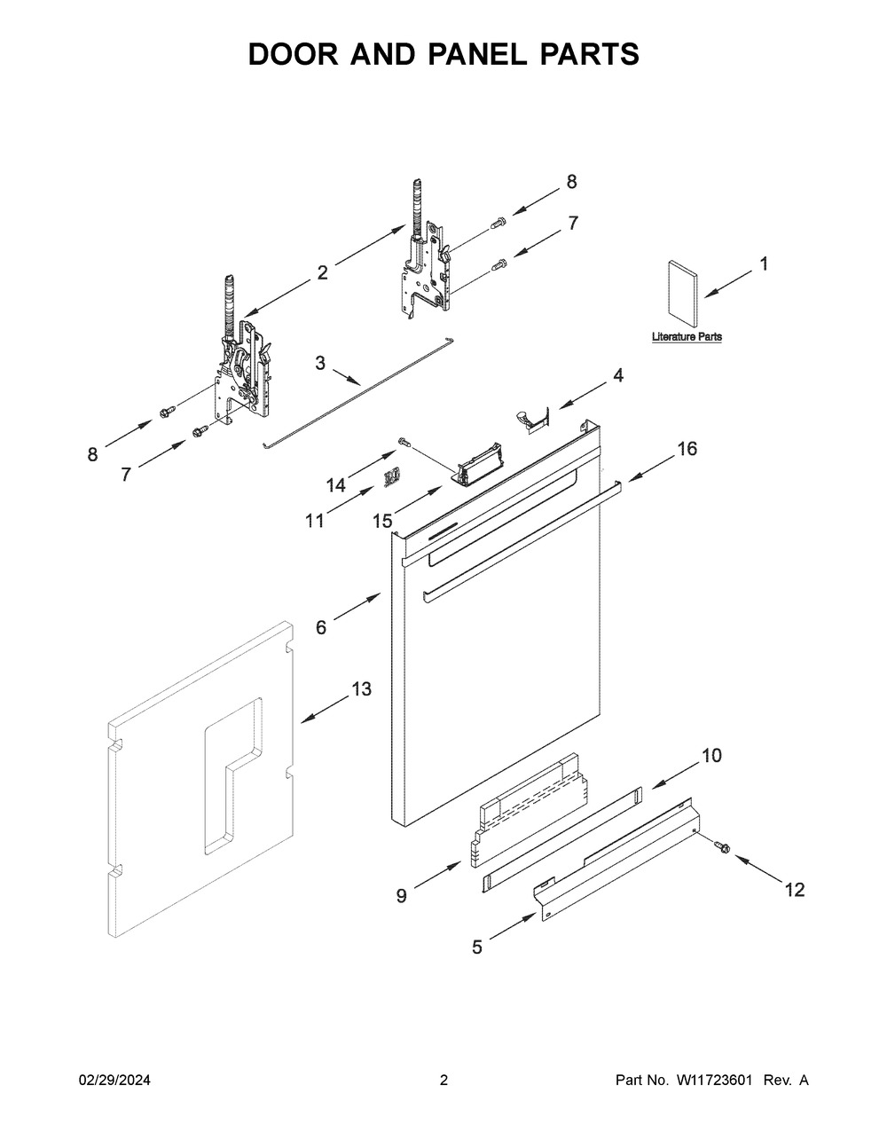 Door And Panel Parts Diagram and Parts List for WDTA50SAKB3  Whirlpool Dishwasher