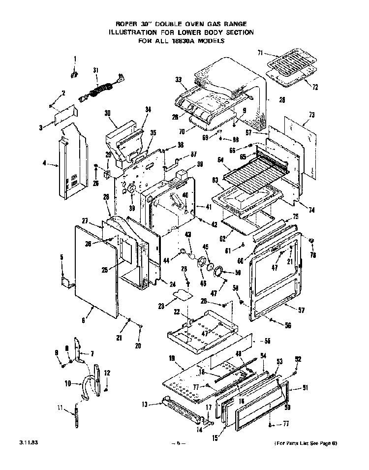 Lower Body Diagram and Parts List for 1883*0A  Roper Wall Oven