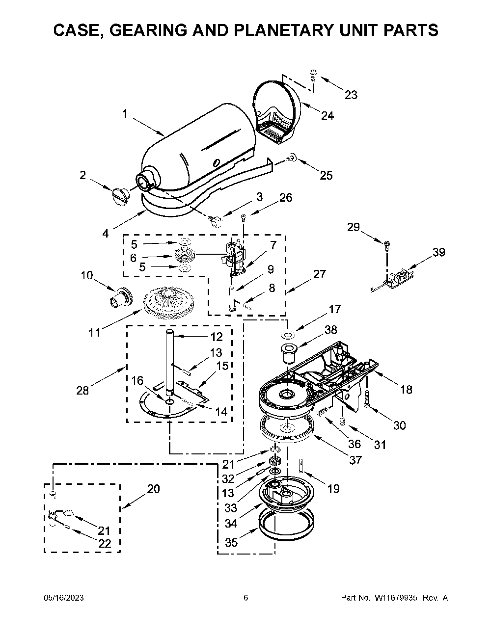 Case, Gearing And Planetary Unit Parts Diagram and Parts List for 5KSM195PSCHI0  KitchenAid Mixer