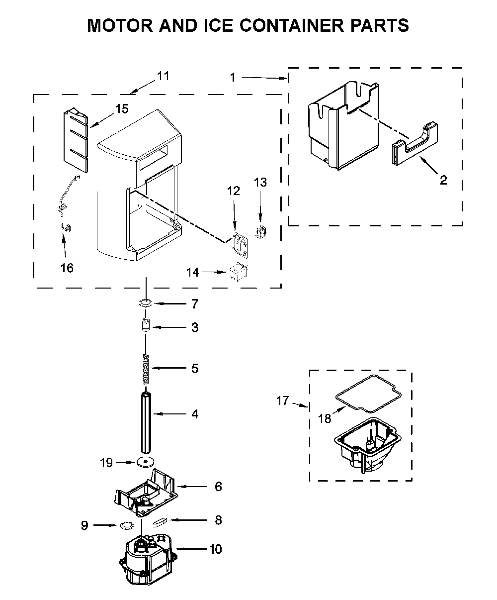 Motor and ice container parts Diagram and Parts List for 10651783413  Kenmore Refrigerator