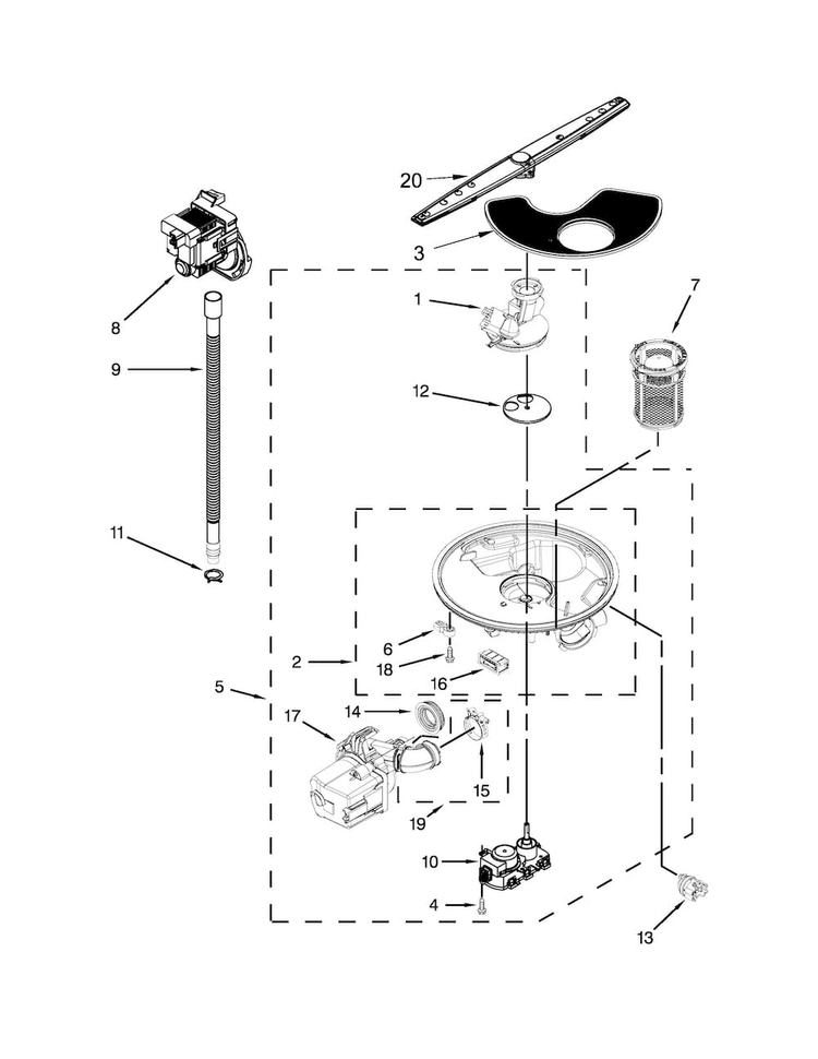 Pump, Washarm And Motor Parts Diagram and Parts List for WDF730PAYW6  Whirlpool Dishwasher