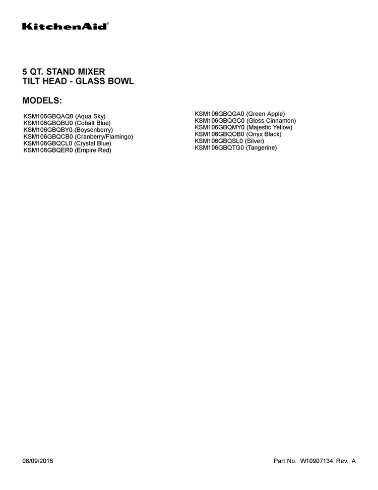 Cover Sheet Diagram and Parts List for KSM106GBQGC0  KitchenAid Mixer