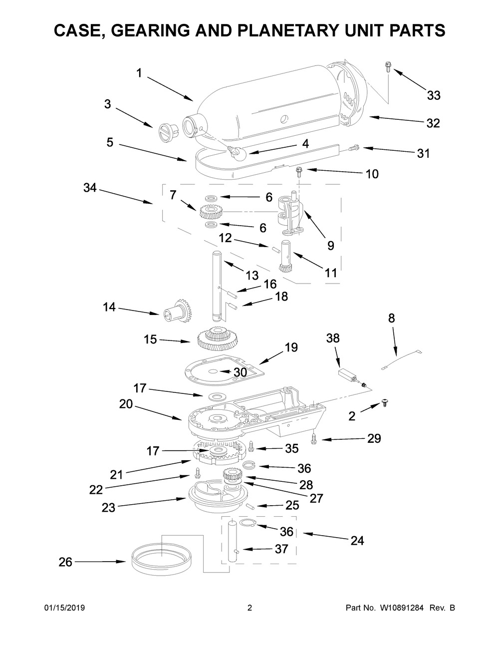 Case, Gearing And Planetary Unit Parts Diagram and Parts List for 5KPM5CSM0  Whirlpool Mixer