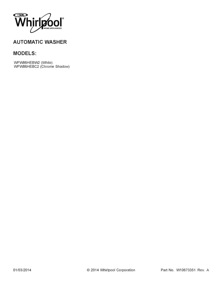 Cover Sheet Diagram and Parts List for WFW86HEBW2  Whirlpool Washer