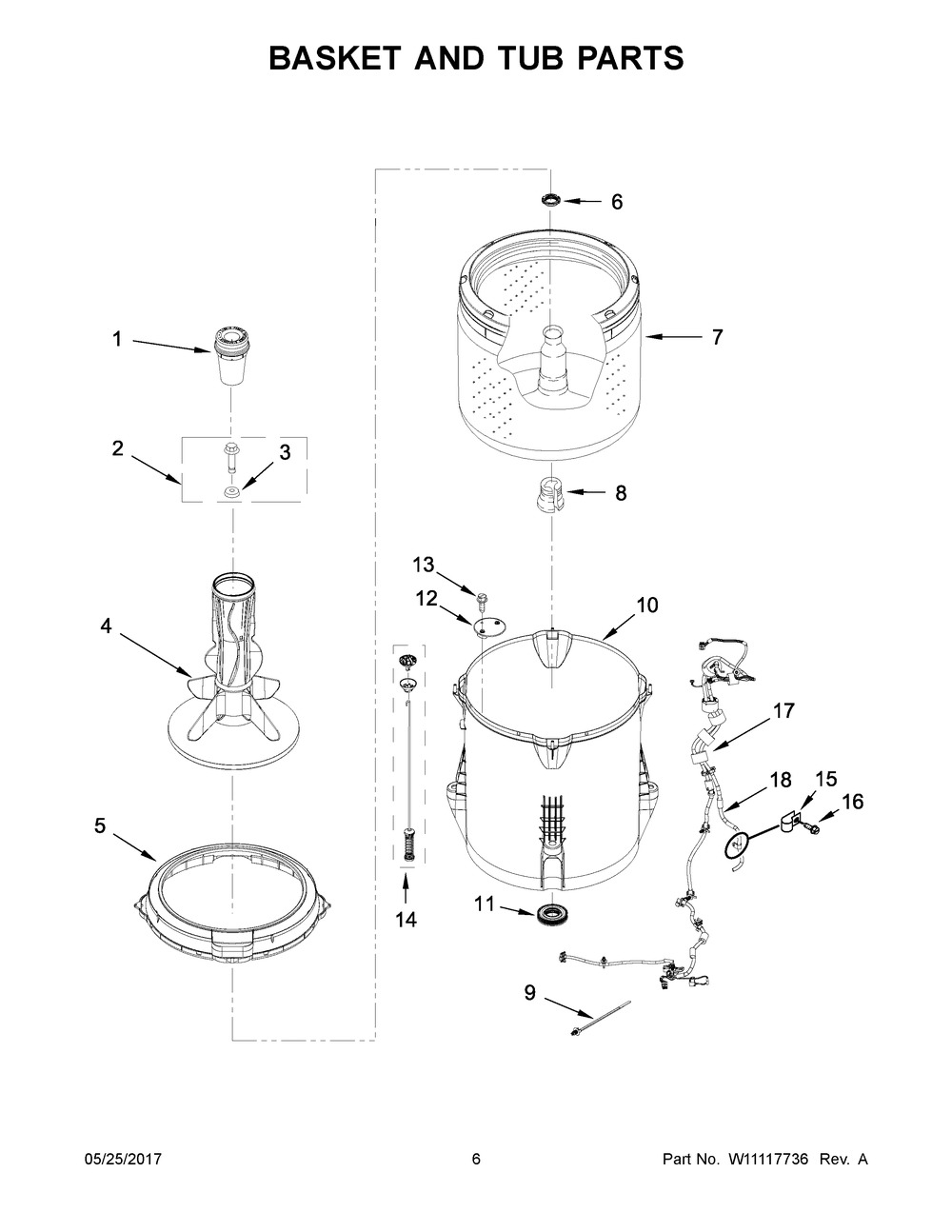 Basket And Tub Parts Diagram and Parts List for 1CWTW4705GW0  Whirlpool Washer