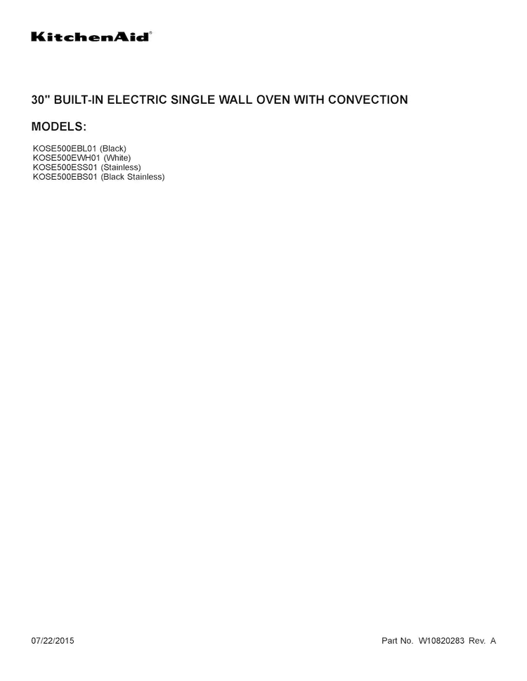 Cover Sheet Diagram and Parts List for KOSE500EWH01  KitchenAid Wall Oven