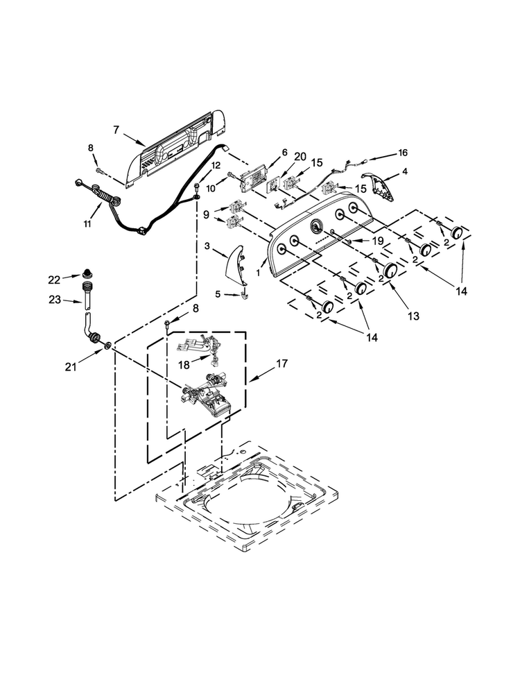 Controls And Water Inlet Parts Diagram and Parts List for 7MWTW1904DM0  Whirlpool Washer
