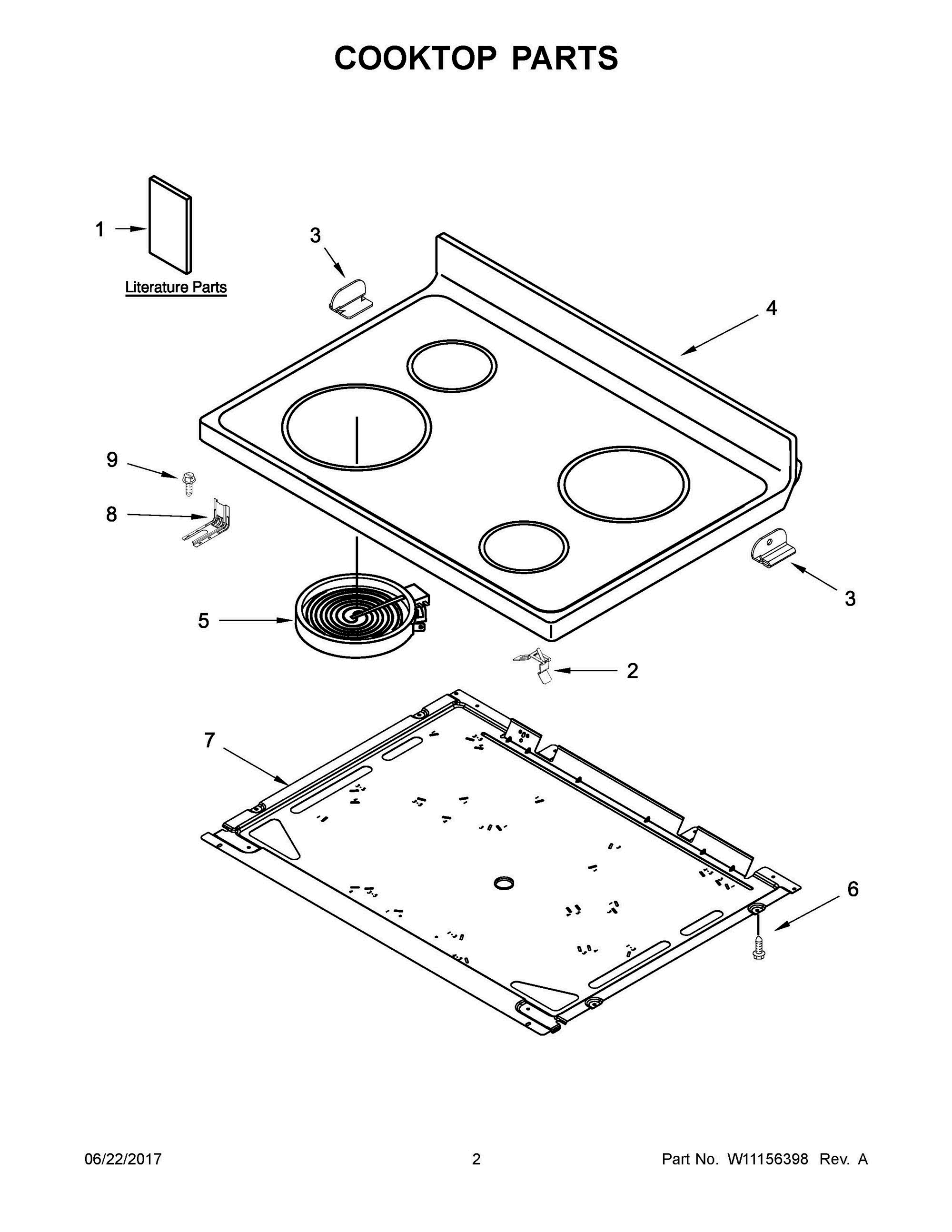 02 - COOKTOP PARTS Diagram and Parts List for YWFE515S0EW1  Whirlpool Range