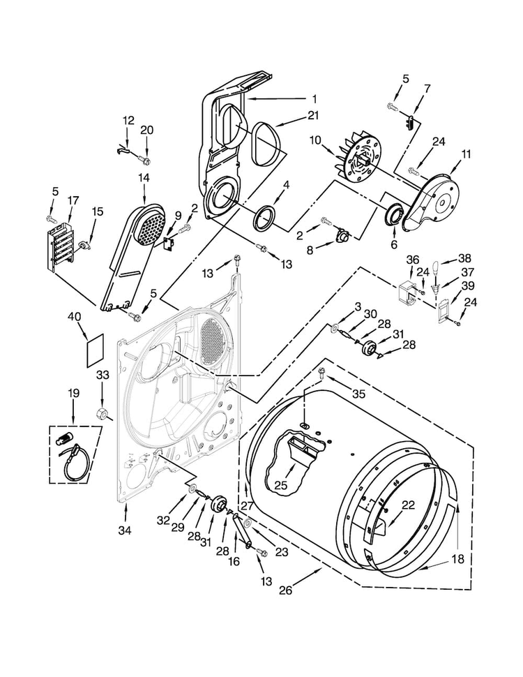 Bulkhead Parts Diagram and Parts List for 7MWED1800EM0  Whirlpool Dryer
