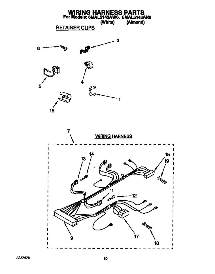 Wiring Harness Diagram and Parts List for 6MAL5143AW0  Whirlpool Washer