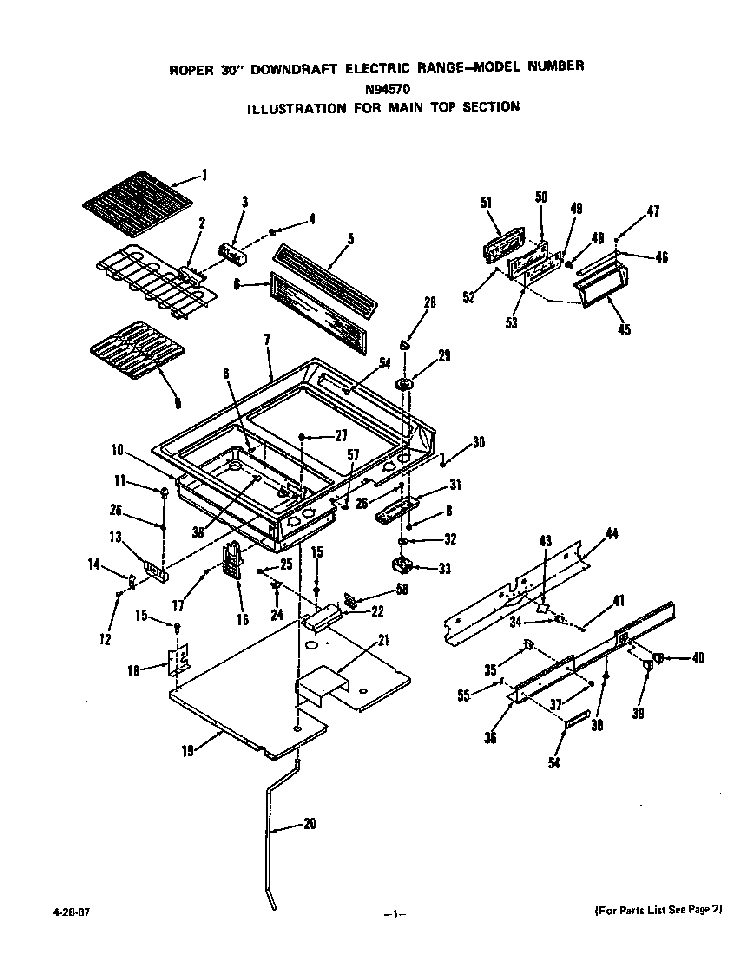 Main Top Diagram and Parts List for N9457*0  Roper Range