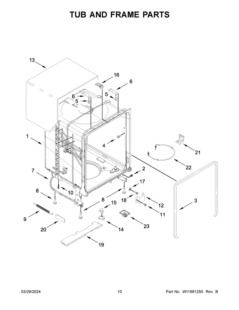 Tub And Frame Parts Diagram and Parts List for WDP560HAMW1  Whirlpool Dishwasher