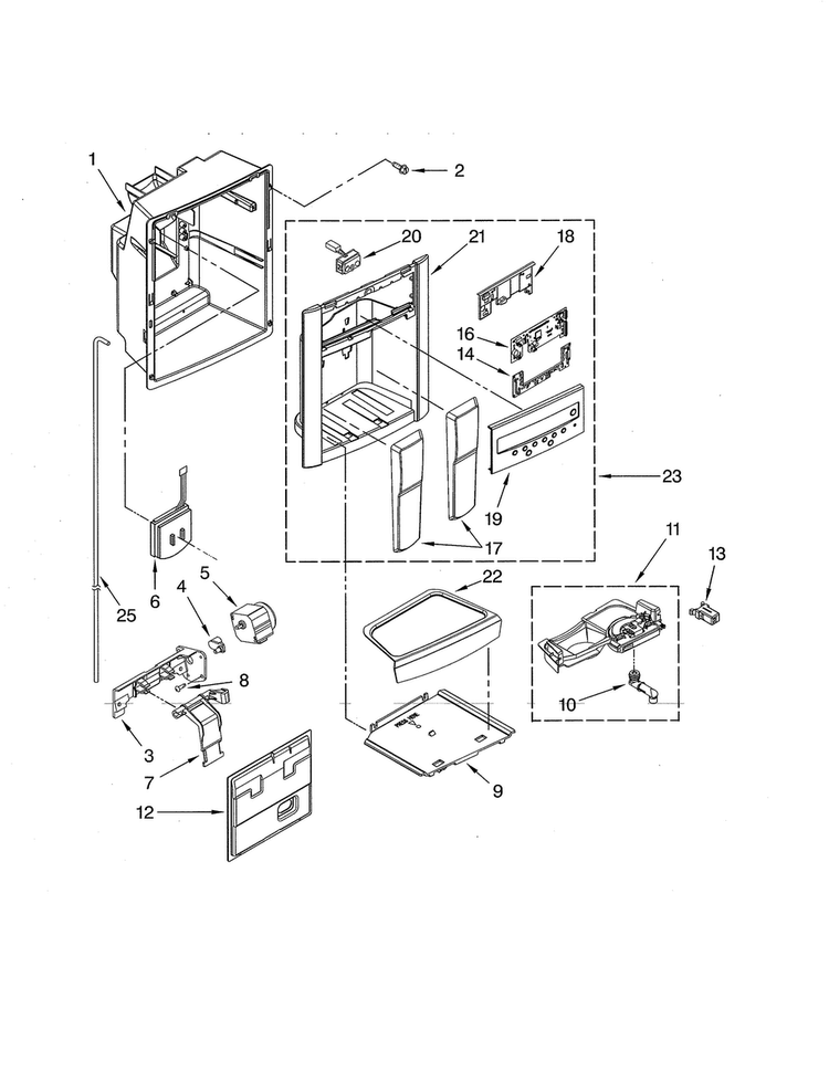 Dispenser Front Diagram and Parts List for GS6NHAXVB04  Whirlpool Refrigerator