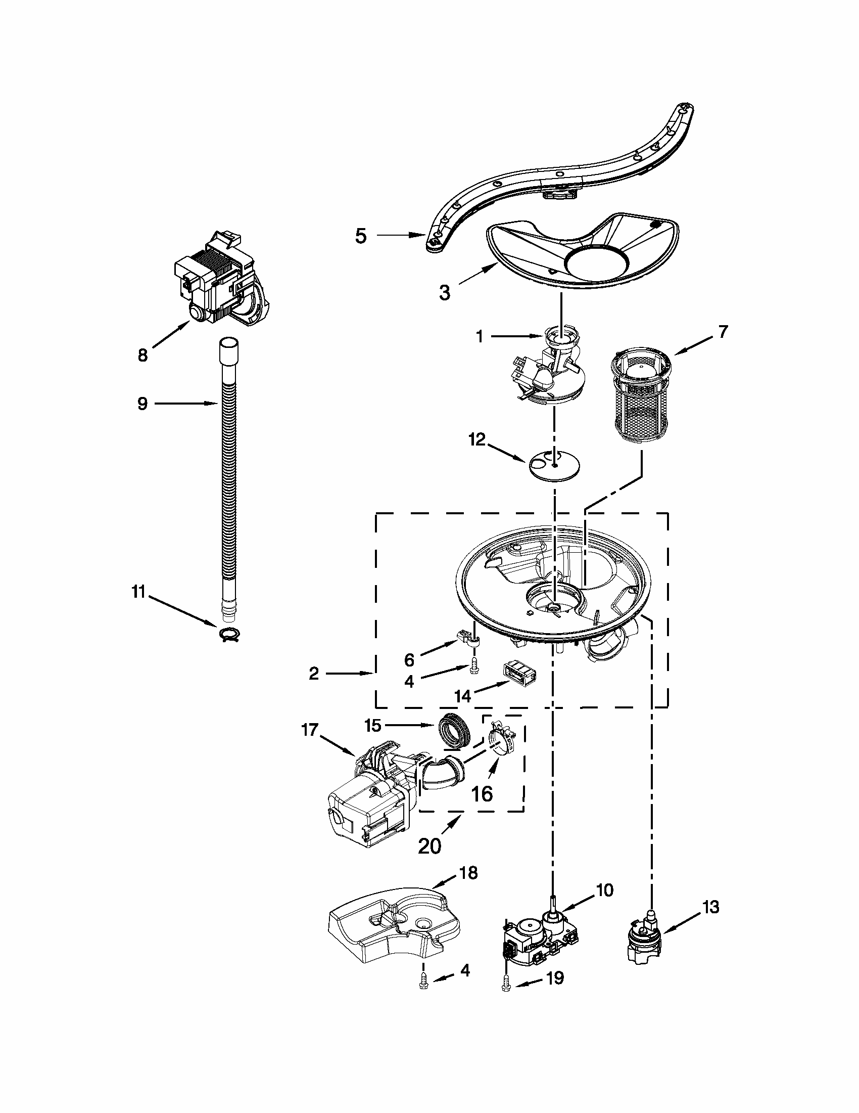 Pump, Washarm And Motor Parts Diagram and Parts List for 66513292K116  Kenmore Dishwasher