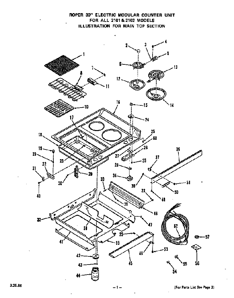 Main Top Diagram and Parts List for 2102*2E  Roper Range