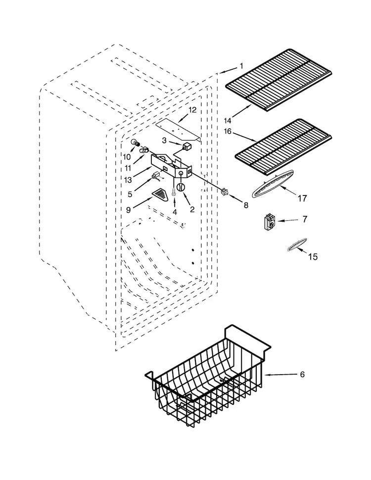 Liner Parts Diagram and Parts List for EV201NZTQ03  Whirlpool Freezer