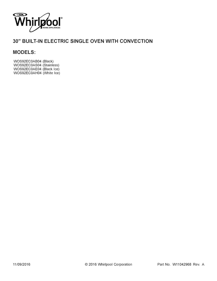 Cover Sheet Diagram and Parts List for WOS92EC0AE04  Whirlpool Wall Oven