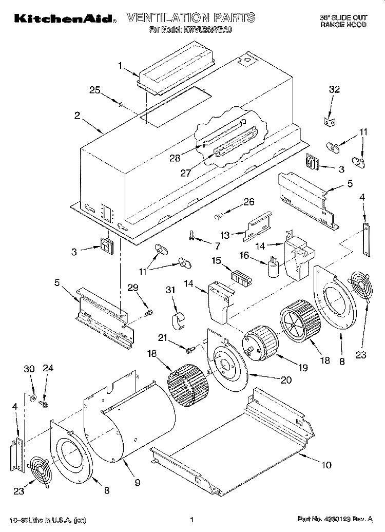 Ventilation Parts Diagram and Parts List for KWVU265YBA0  KitchenAid Range Hood