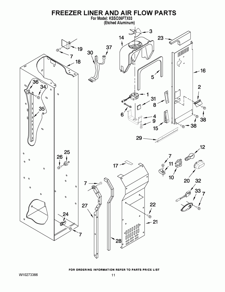 FREEZER LINER AND AIR FLOW PARTS Diagram and Parts List for KSSO36FTX03  KitchenAid Refrigerator