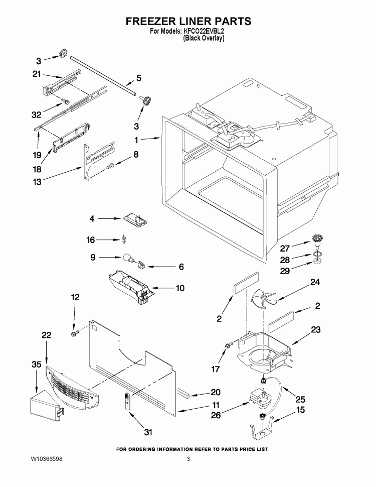FREEZER LINER PARTS Diagram and Parts List for KFCO22EVBL2  KitchenAid Refrigerator