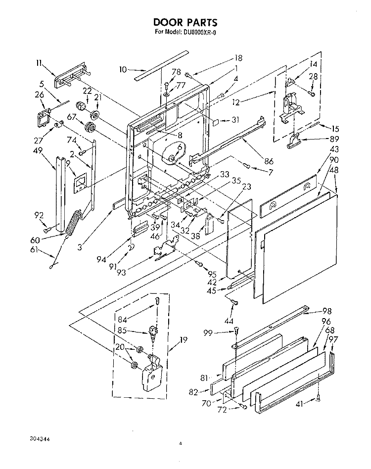 DOOR Diagram and Parts List for DU8000XR0  Whirlpool Dishwasher