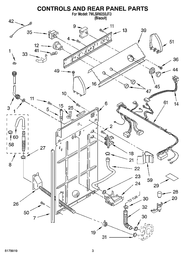 CONTROLS AND REAR PANEL PARTS Diagram and Parts List for 7MLSR6232JT3  Whirlpool Washer