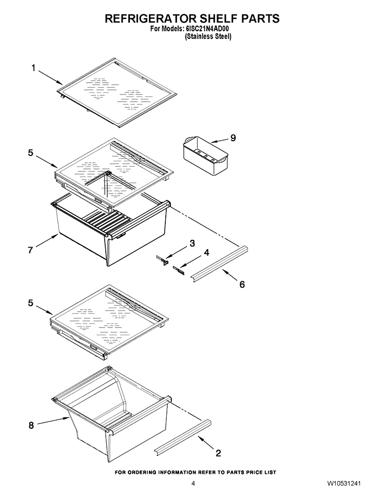 REFRIGERATOR SHELF PARTS Diagram and Parts List for 6ISC21N4AD00  Whirlpool Refrigerator