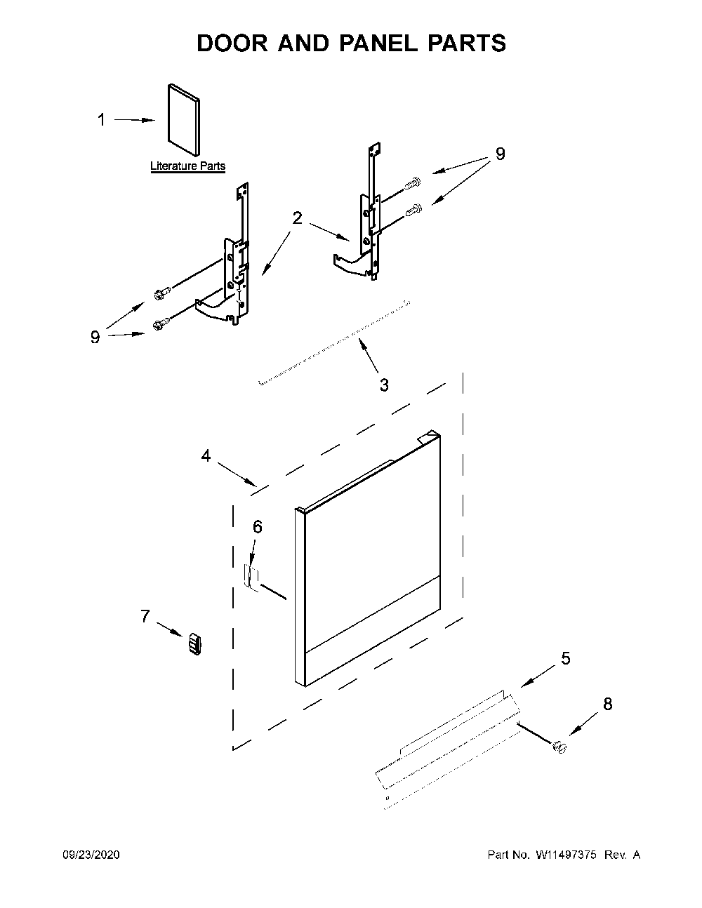 Door and panel parts Diagram and Parts List for WDP370PAHW1  Whirlpool Dishwasher