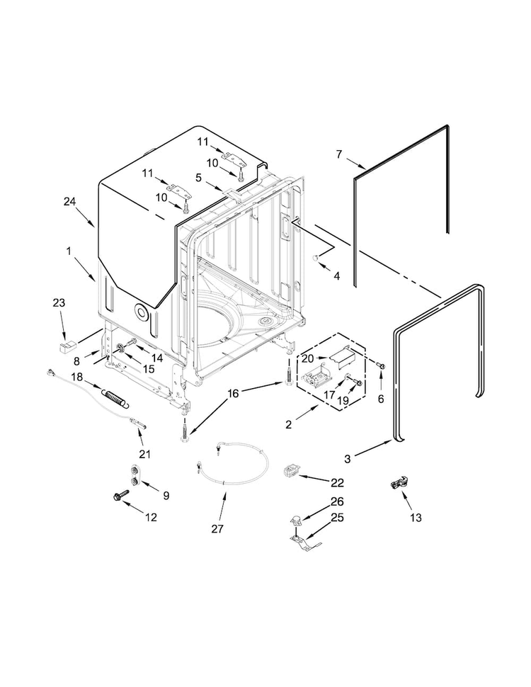 Tub And Frame Parts Diagram and Parts List for KDTE104ESS0  KitchenAid Dishwasher