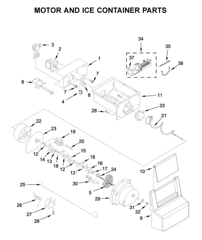 Motor And Ice Container Parts Diagram and Parts List for 10650049713  Kenmore Refrigerator